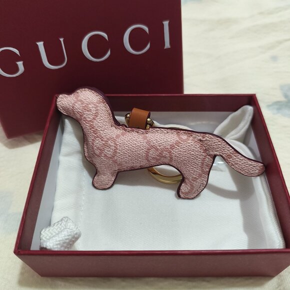 Gucci Pink Leather Dog Charm Keychain - Picture 1 of 6